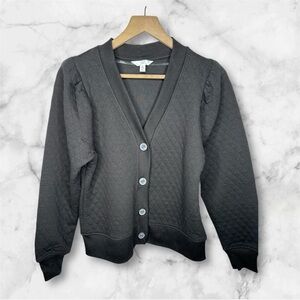 Black button up puffy sleeves quilted pattern cardigan
